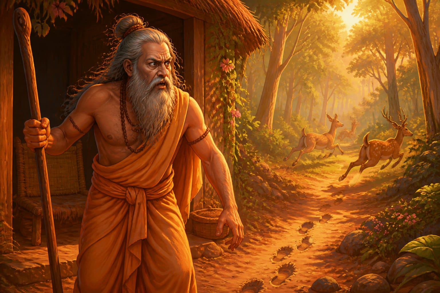Sage Vibhandaka returning to his empty hermitage in fierce alarm