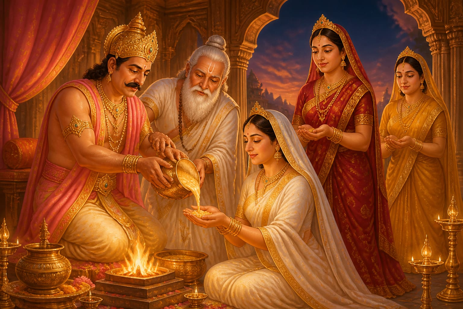 Dasharatha distributing divine payasam to his three queens