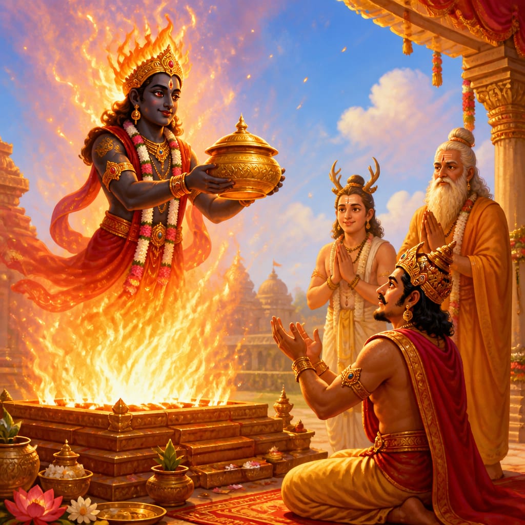 The Yajna Purusha rising from the sacrificial fire offering the golden vessel of divine payasam to Dasharatha