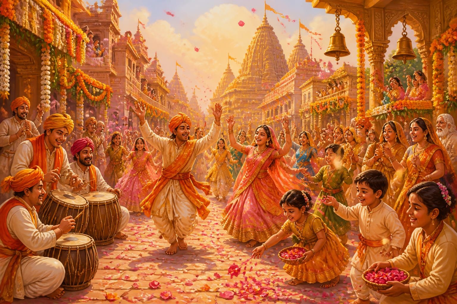 The streets of Ayodhya erupting in celebration of the four princes' birth
