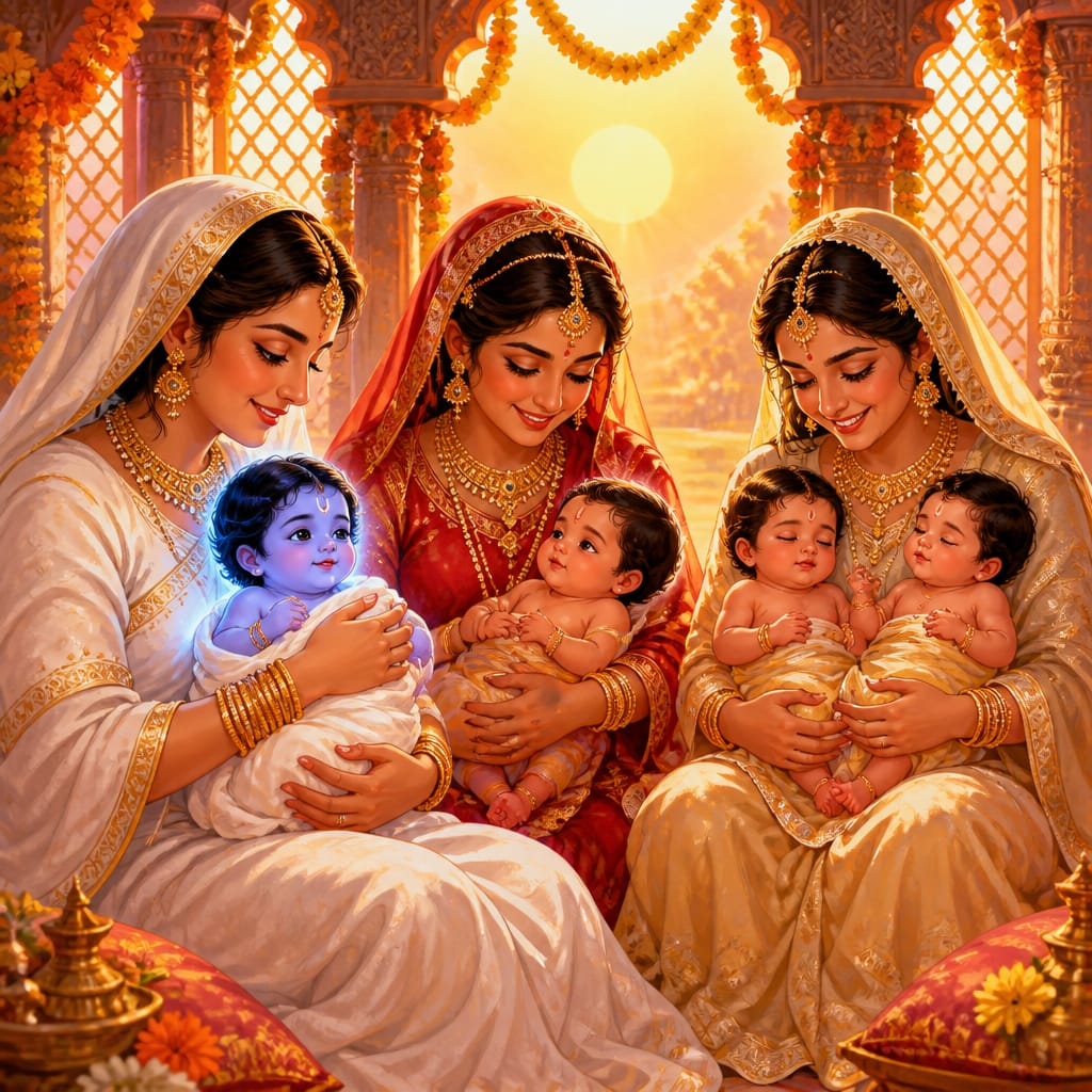 The four newborn princes Rama, Bharata, Lakshmana and Shatrughna held in the palace of Ayodhya as their cosmic mission begins