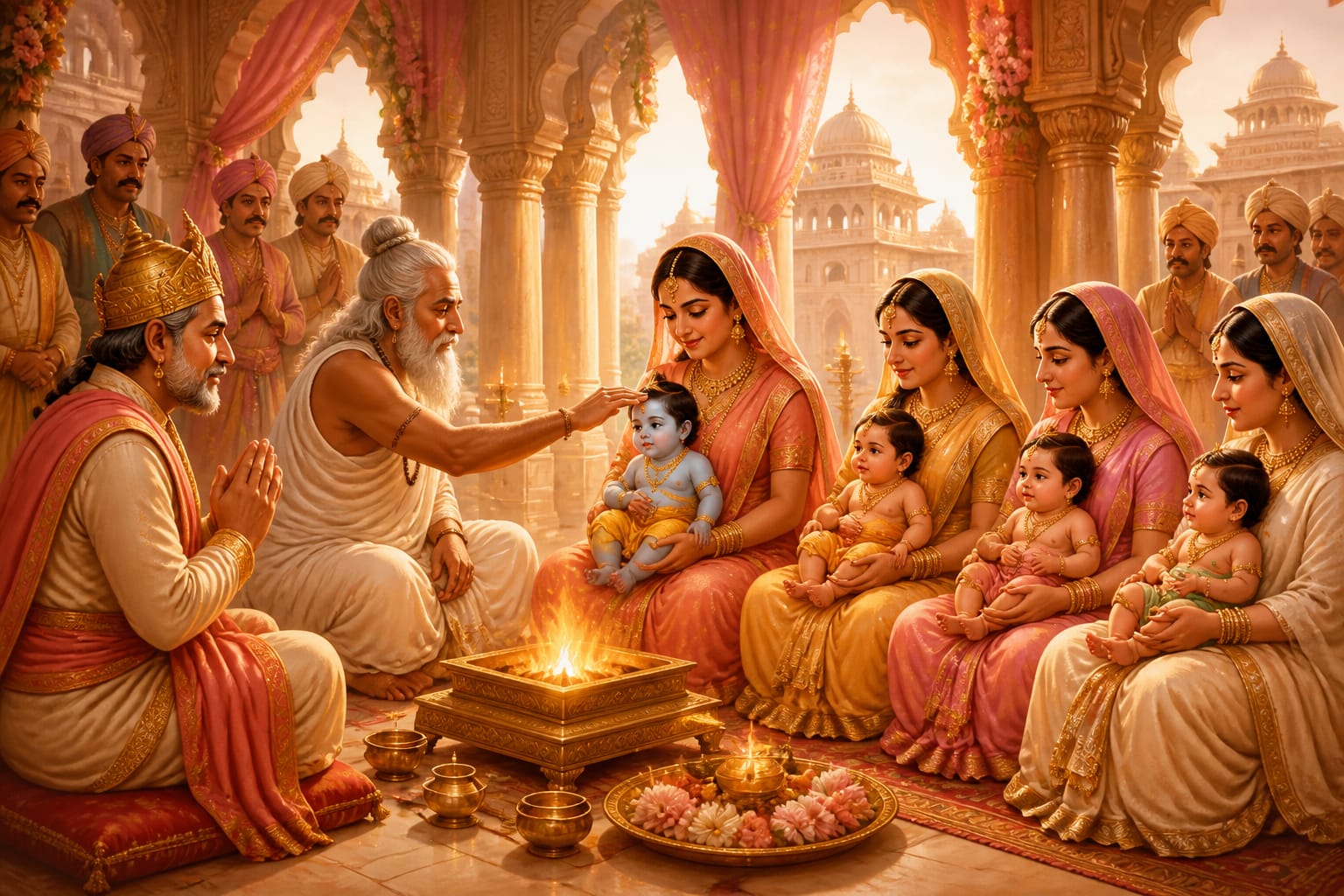 Vasishtha performing the namakarana naming ceremony for the four princes