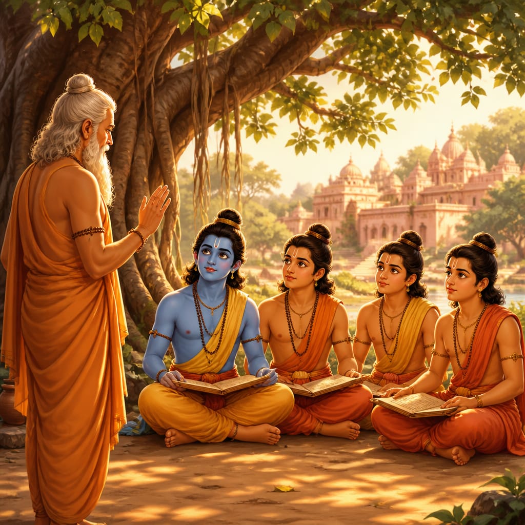 The four princes seated under a banyan tree with palm-leaf manuscripts as Sage Vasishtha teaches them at the gurukula