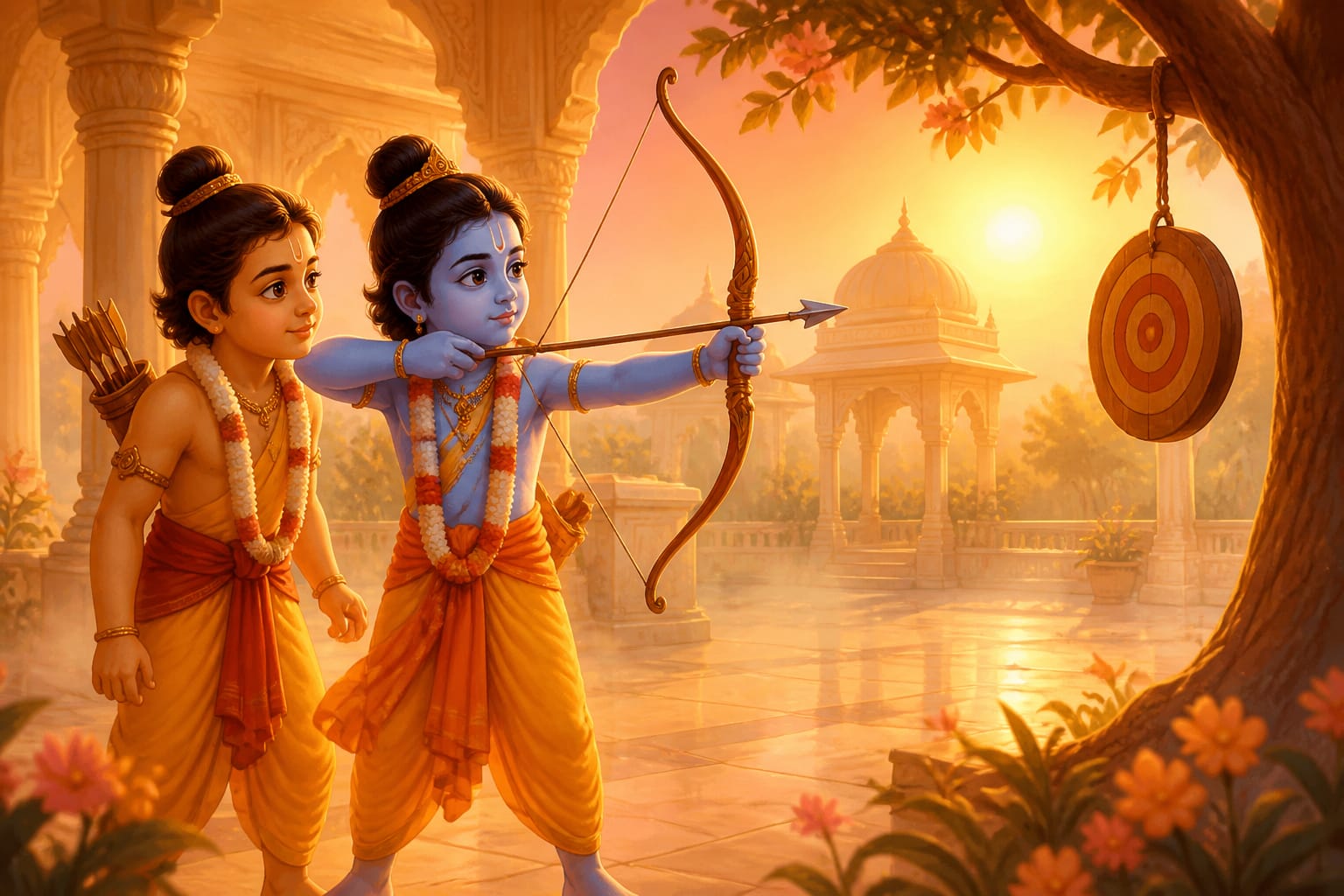 Young Rama and Lakshmana practicing archery together