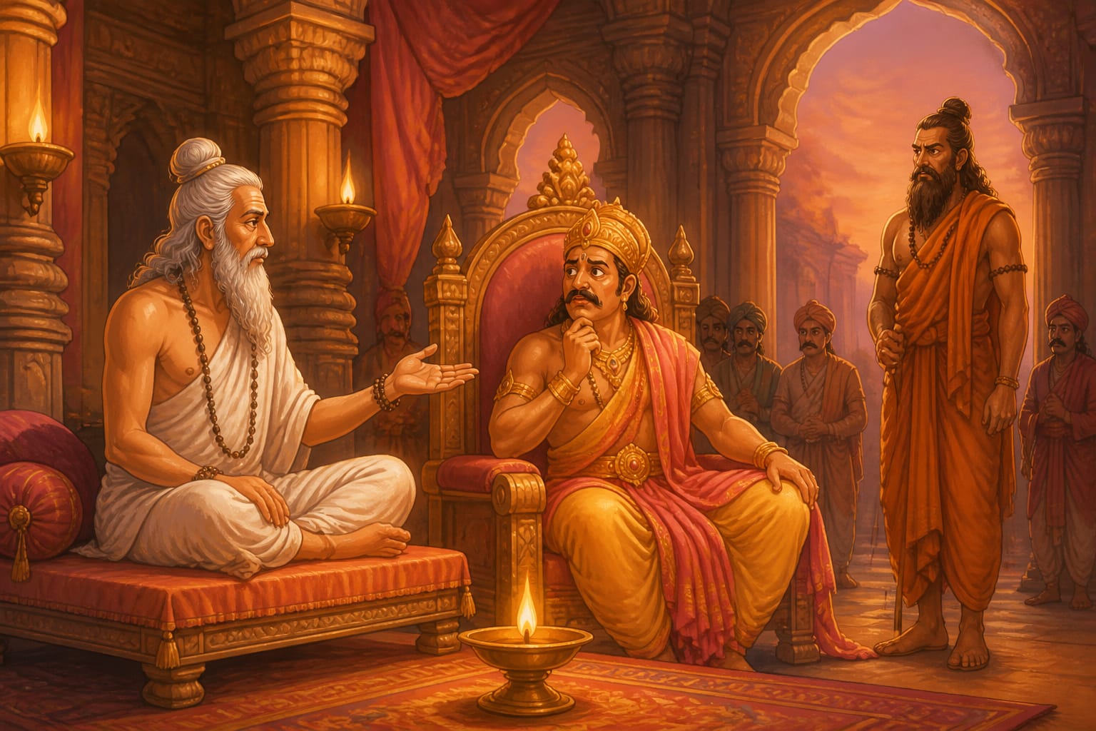 Vasishtha gently counseling Dasharatha to send Rama with Vishwamitra