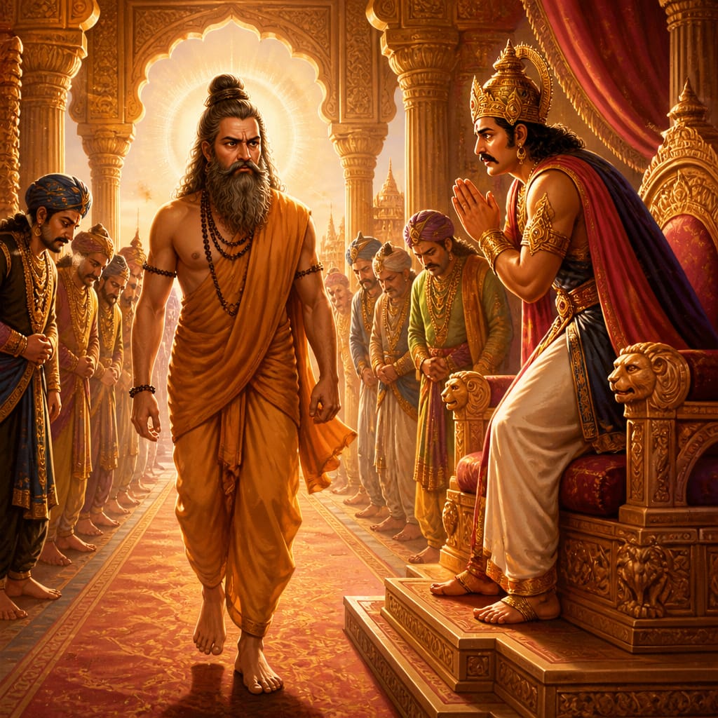 Sage Vishwamitra striding into Ayodhya's pillared assembly hall as King Dasharatha rises from his throne in respect