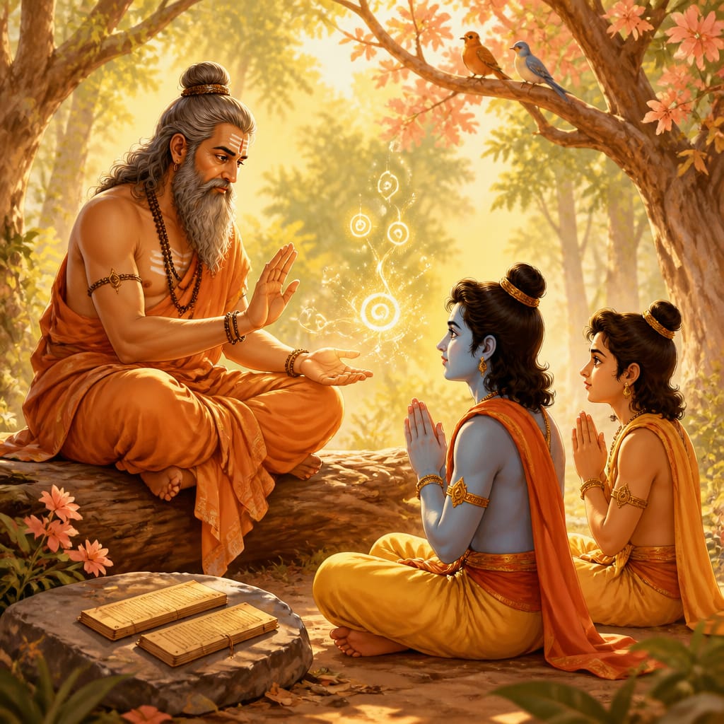 Sage Vishwamitra transmitting the Bala and Atibala mantras to Rama and Lakshmana seated reverently before him in a forest clearing