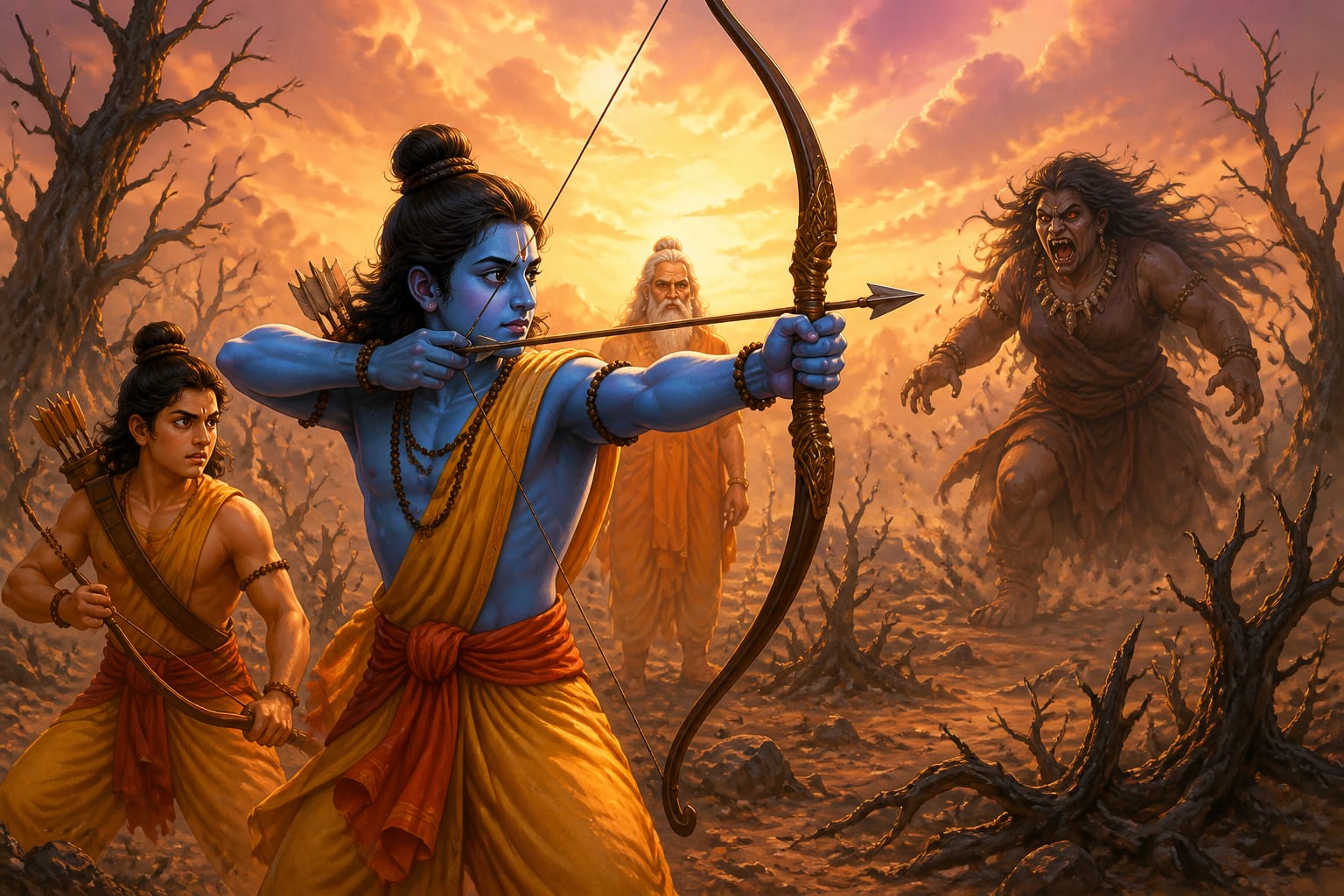 Rama hesitating with bow drawn before slaying Tataka