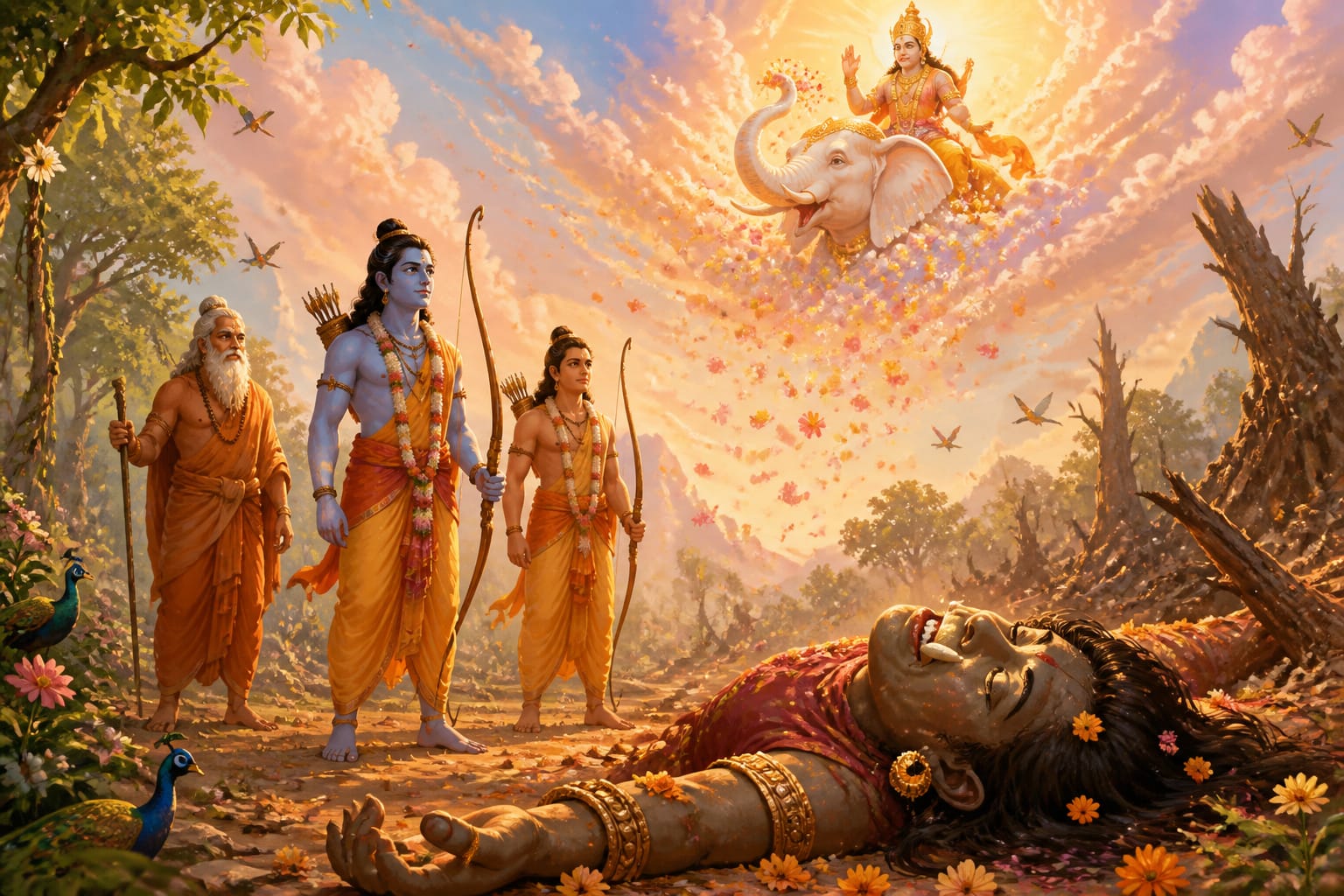 Indra and the celestial host showering flowers in celebration