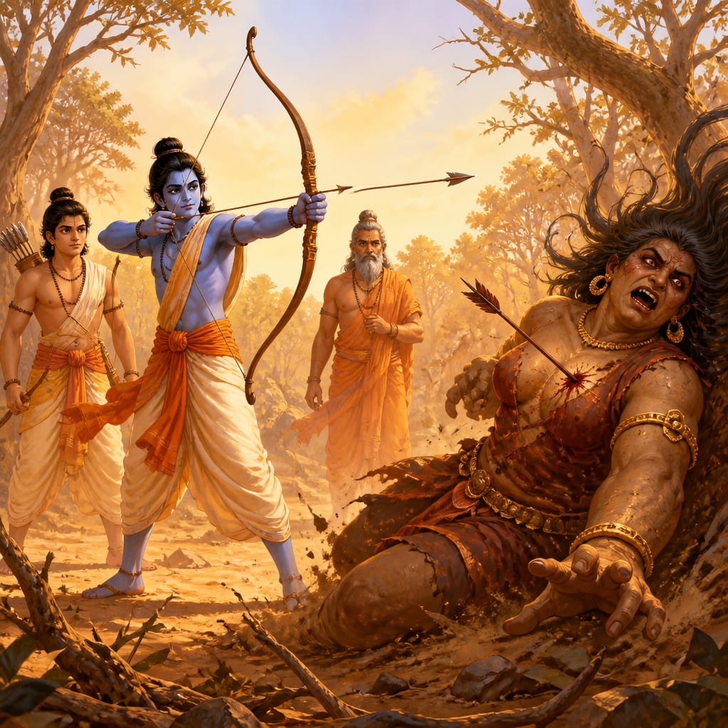 Rama loosing the final arrow into Tataka's heart as the giant demoness falls before him, Lakshmana and Vishwamitra at his side