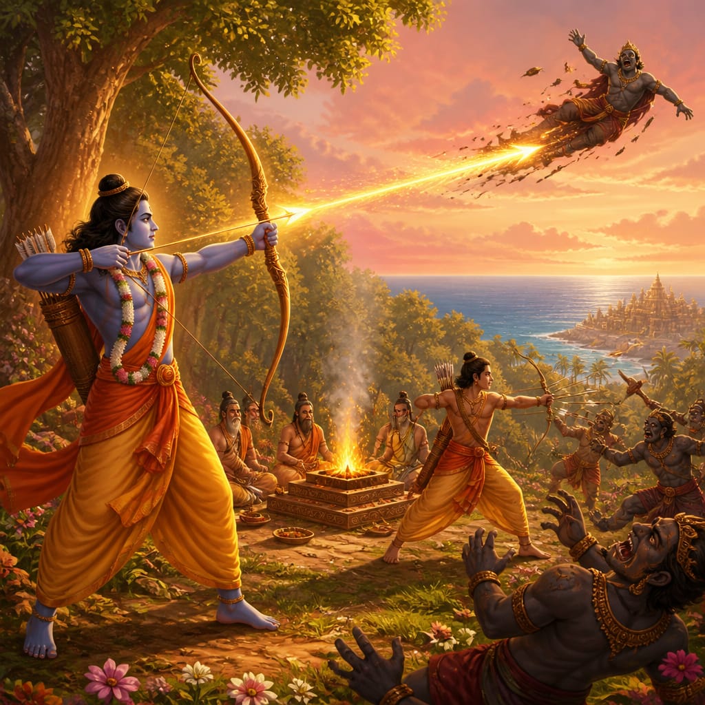 Rama's manava-astra hurling the demon Maricha far across the sky toward the distant ocean while Lakshmana fights lesser demons and Vishwamitra continues the yajna