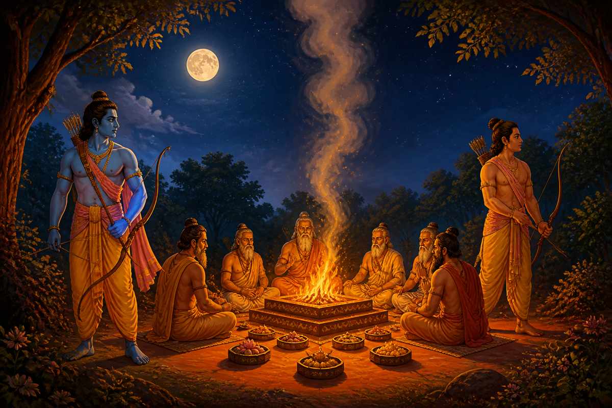 Rama and Lakshmana keeping vigil over Vishwamitra's yajna for six days and nights