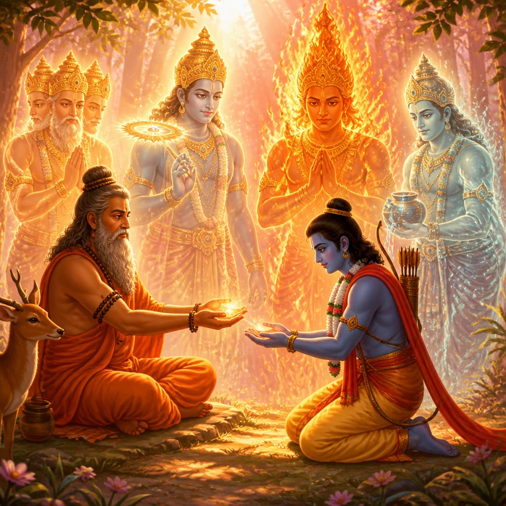Sage Vishwamitra transmitting the celestial astras to Rama as the personified weapon-deities bow in a semicircle around him