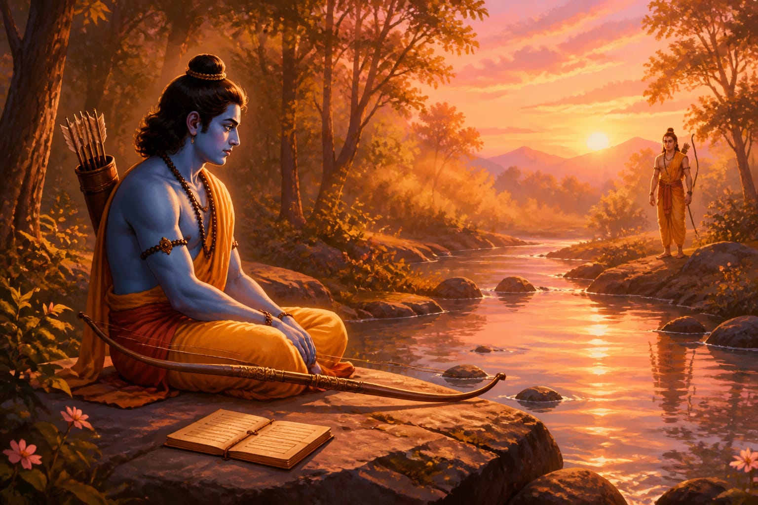 Rama in solitary contemplation of the burden of celestial weapons
