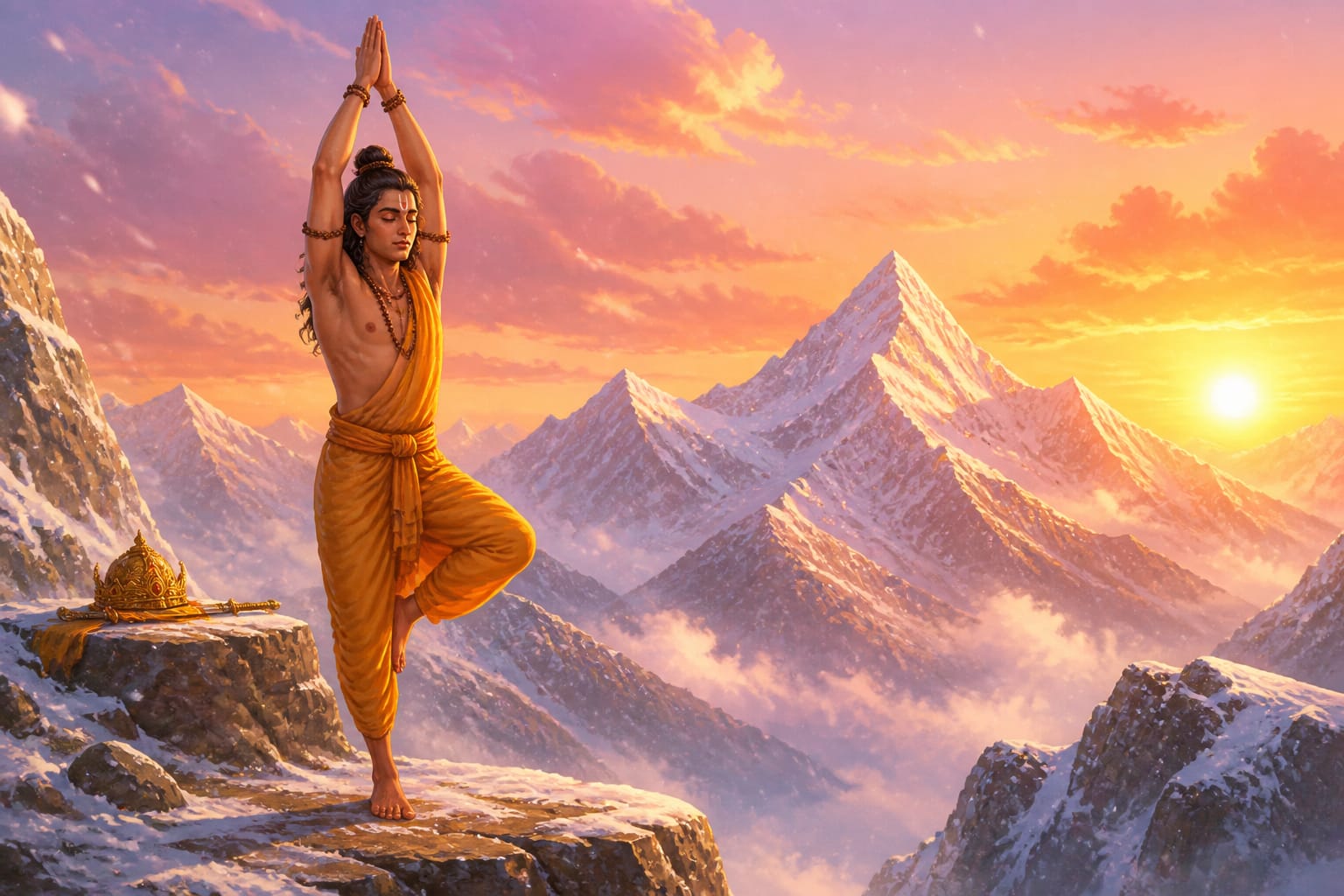 King Bhagiratha performing austere tapas on a Himalayan crag