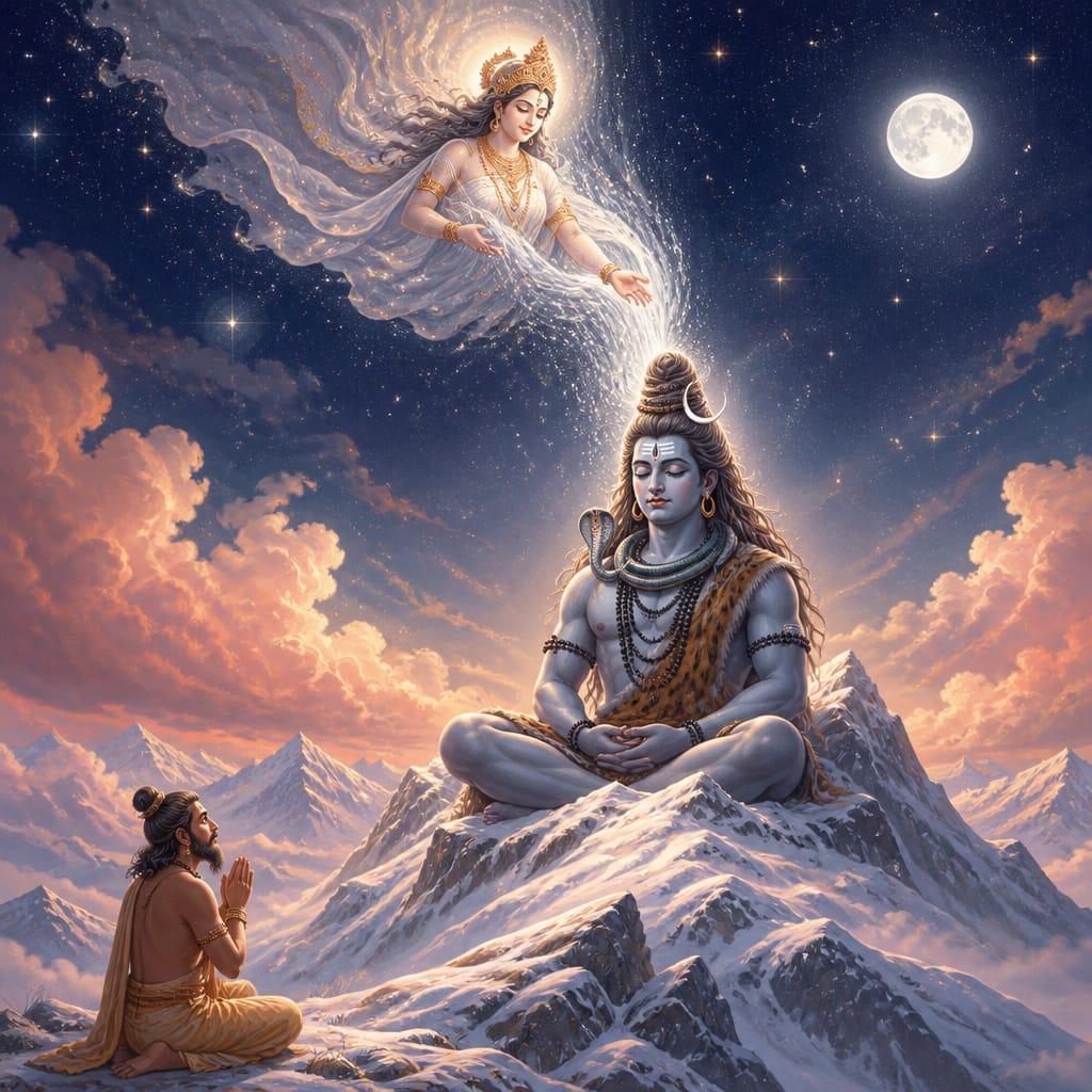 Goddess Ganga cascading down from the night sky into the matted locks of Lord Shiva atop Kailasa as Bhagiratha kneels in devotion below