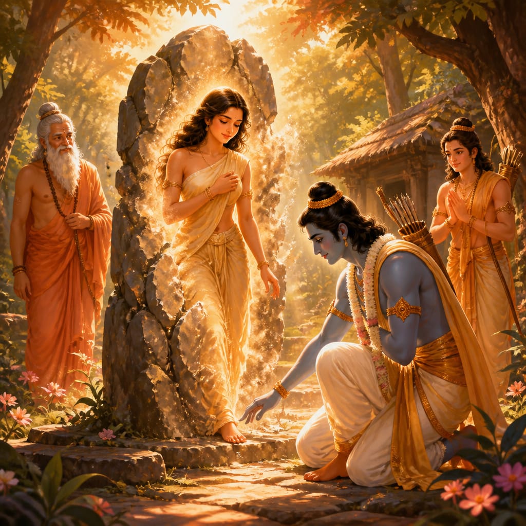 Ahalya gracefully emerging from the stone as Rama still has his hand extended after touching her foot, Lakshmana and Vishwamitra watching reverently