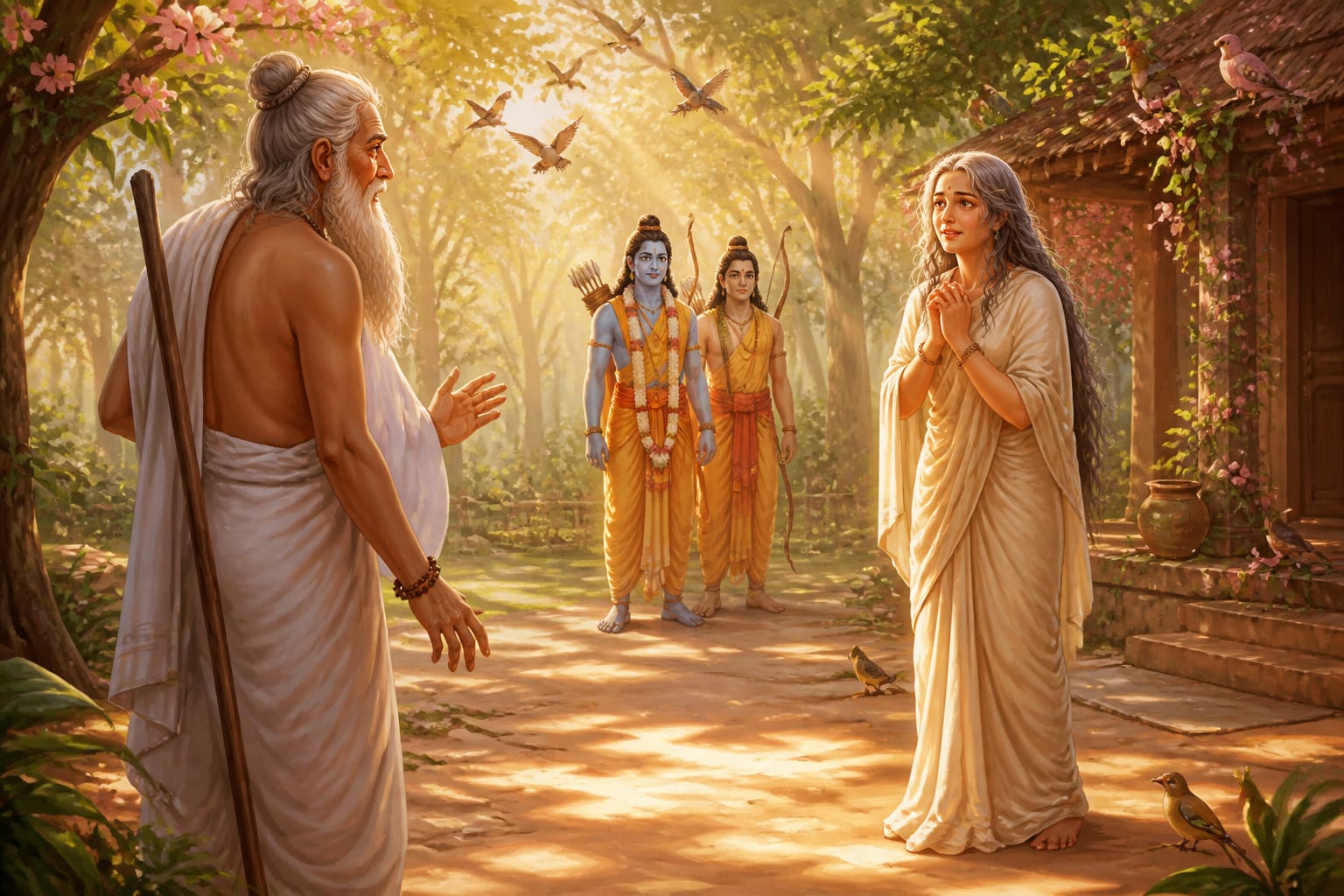 Sage Gautama returning to find his wife Ahalya restored