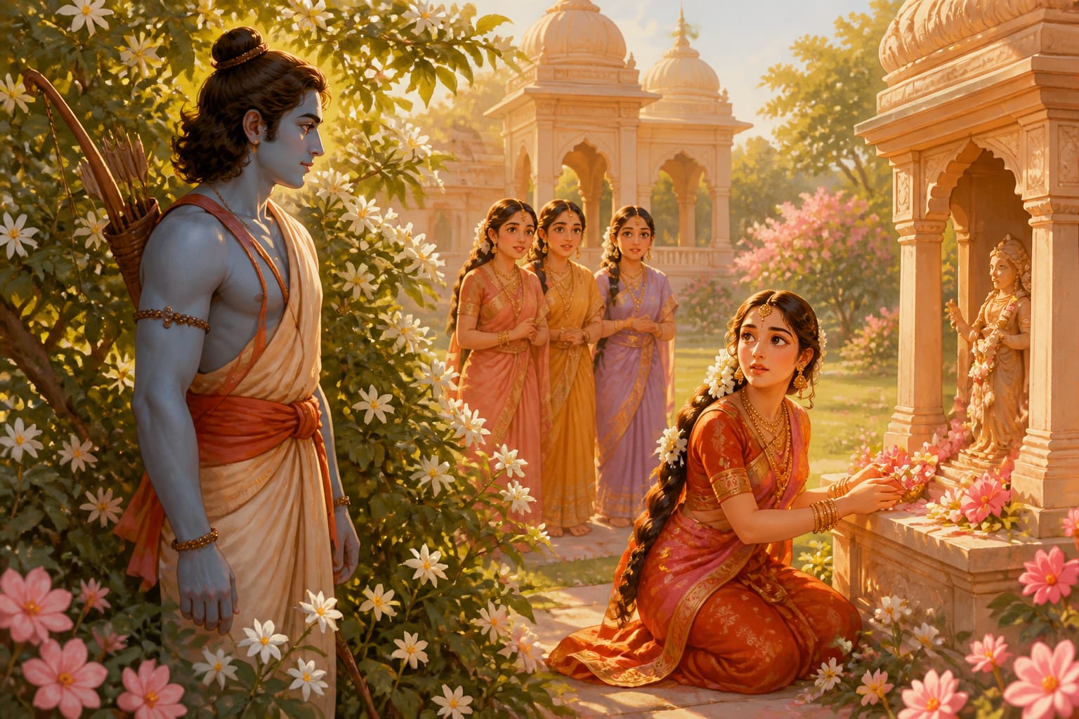 Rama and Sita seeing each other for the first time in the Mithila palace garden