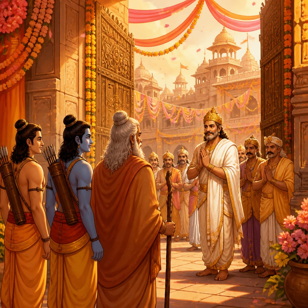 Sage Vishwamitra leading Rama and Lakshmana through the marigold-draped gates of Mithila as King Janaka steps forward with folded hands to welcome them