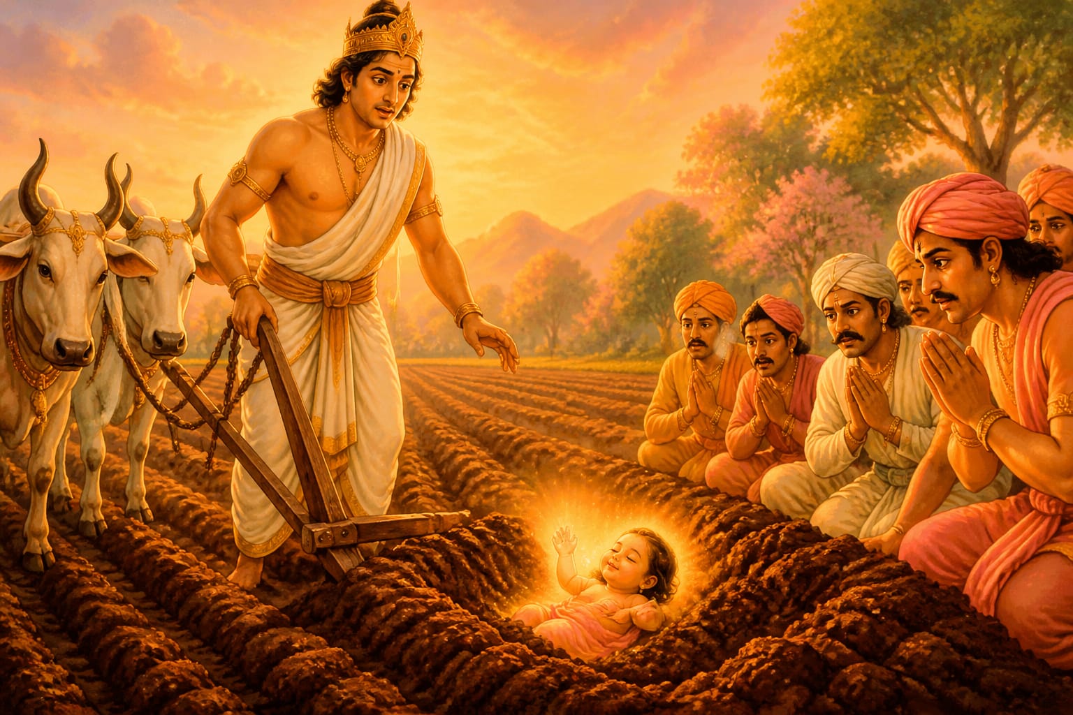 Janaka discovering the infant Sita emerging from a furrow in his plowed field