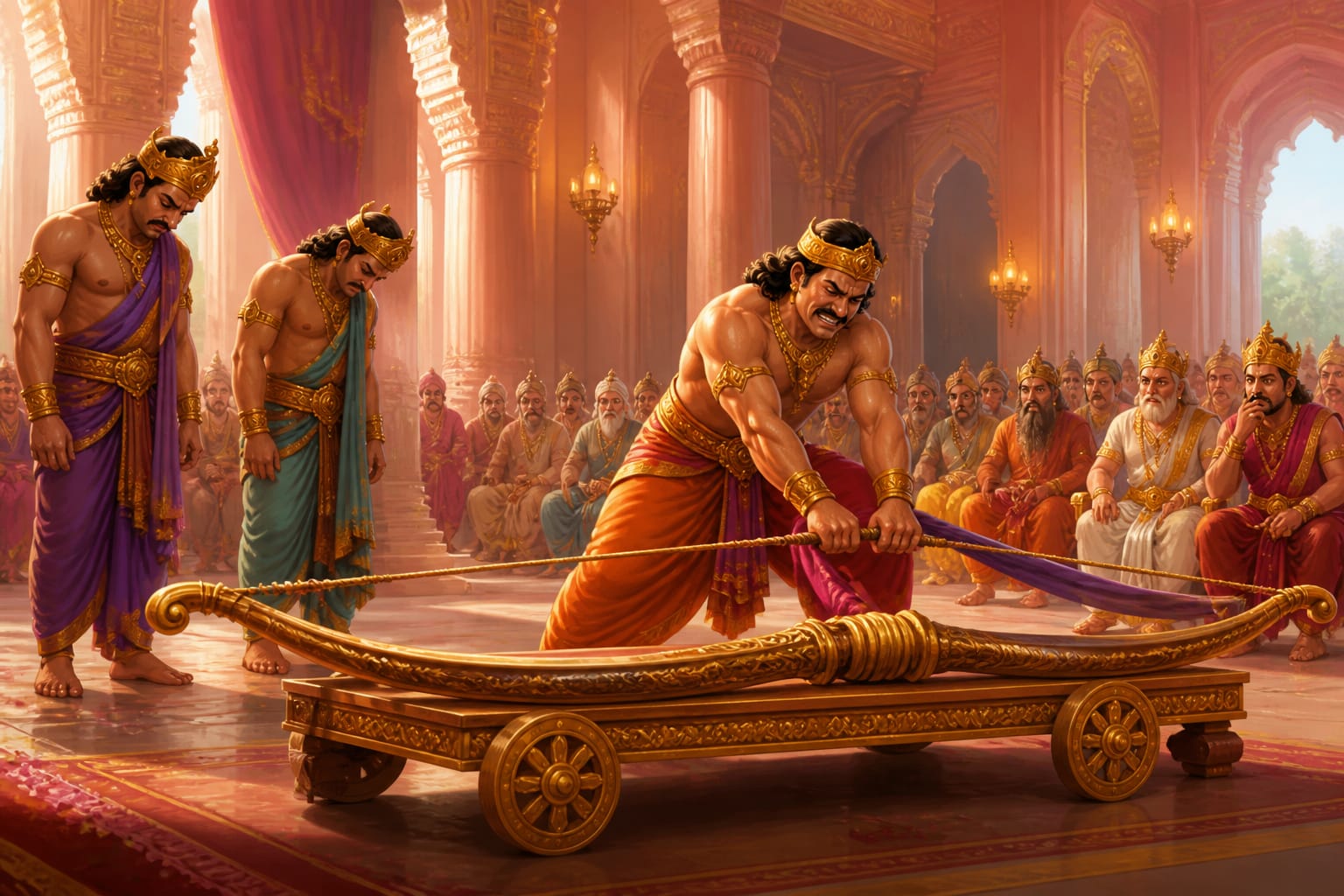 Mighty kings struggling and failing to lift the great Shiva Dhanusha bow