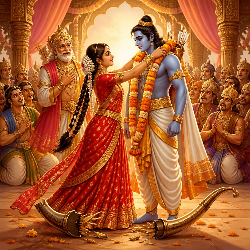 Sita placing the jayamala victory garland around Rama's neck with the broken halves of the Shiva-Dhanusha at his feet as Janaka and the assembled kings watch