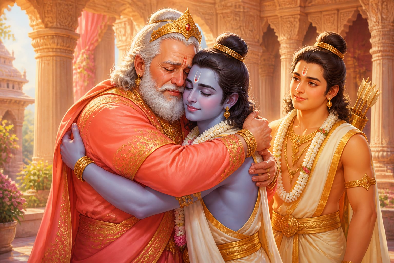Dasharatha embracing his son Rama after the danger has passed