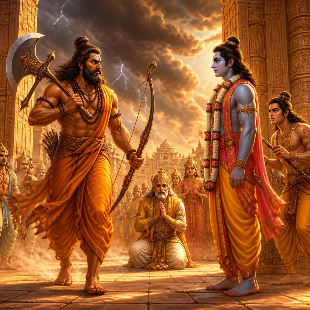 Parashurama striding into Mithila with his axe and Vishnu's bow as Rama steps forward calmly, Dasharatha kneeling in fear and Lakshmana reaching for his weapon
