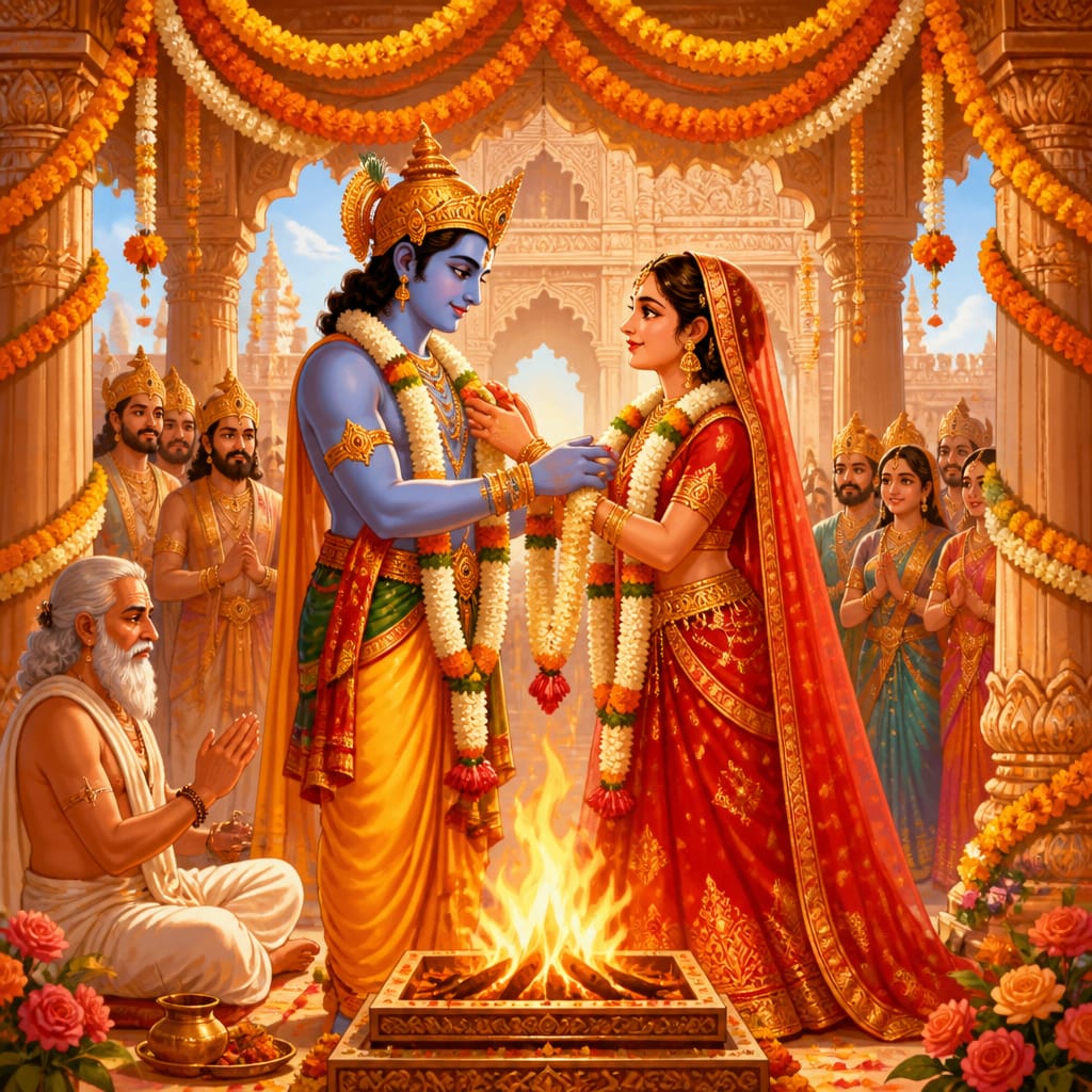 Rama and Sita standing together in the Mithila wedding mandap exchanging fresh garlands before the sacred fire as Vasishtha chants the mantras