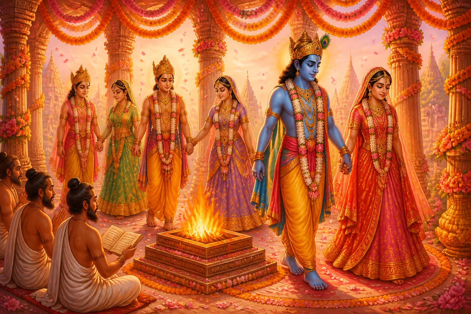 Four princely couples walking the saptapadi seven sacred steps around the wedding fire