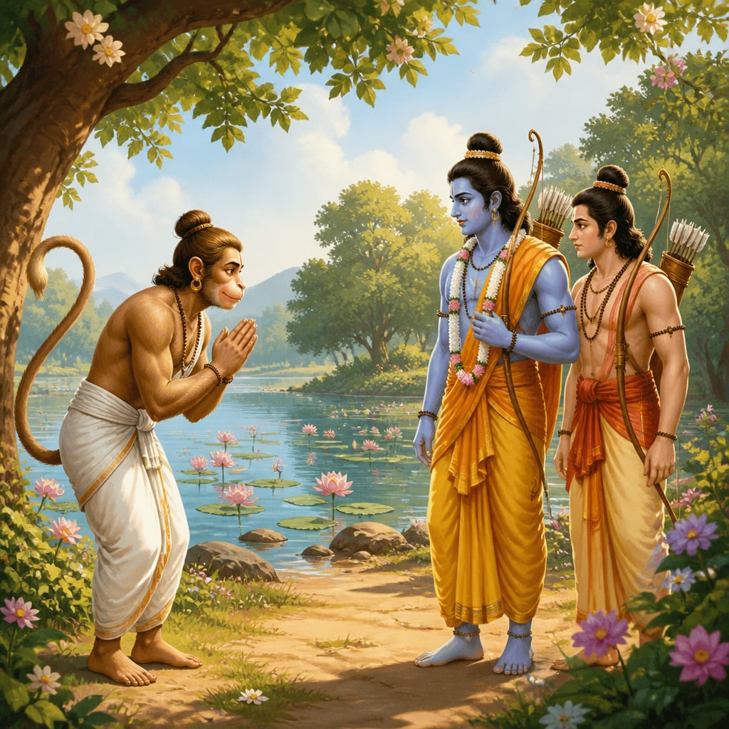 Hanuman disguised as a brahmin approaches Rama and Lakshmana with folded hands on the shore of Pampa Lake.