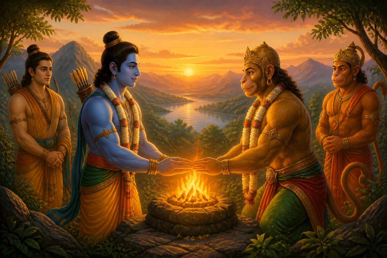 Rama and Sugriva take a fire-witnessed oath of friendship