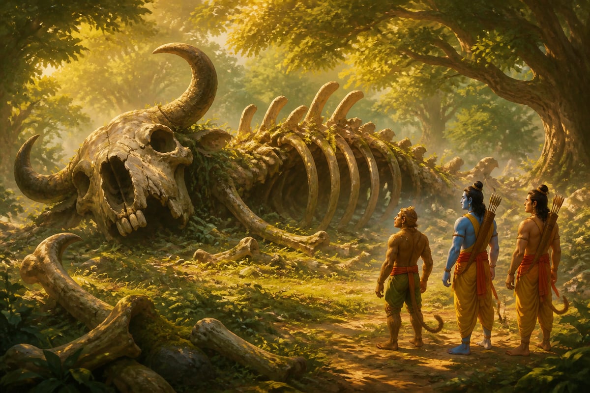 Dundubhi's giant skeleton in a forest clearing