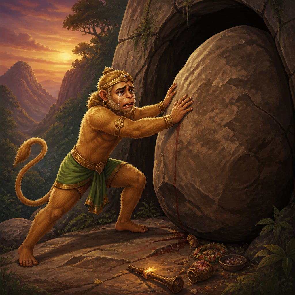 Sugriva weeps as he seals the cave mouth with a great boulder, believing his brother dead inside.