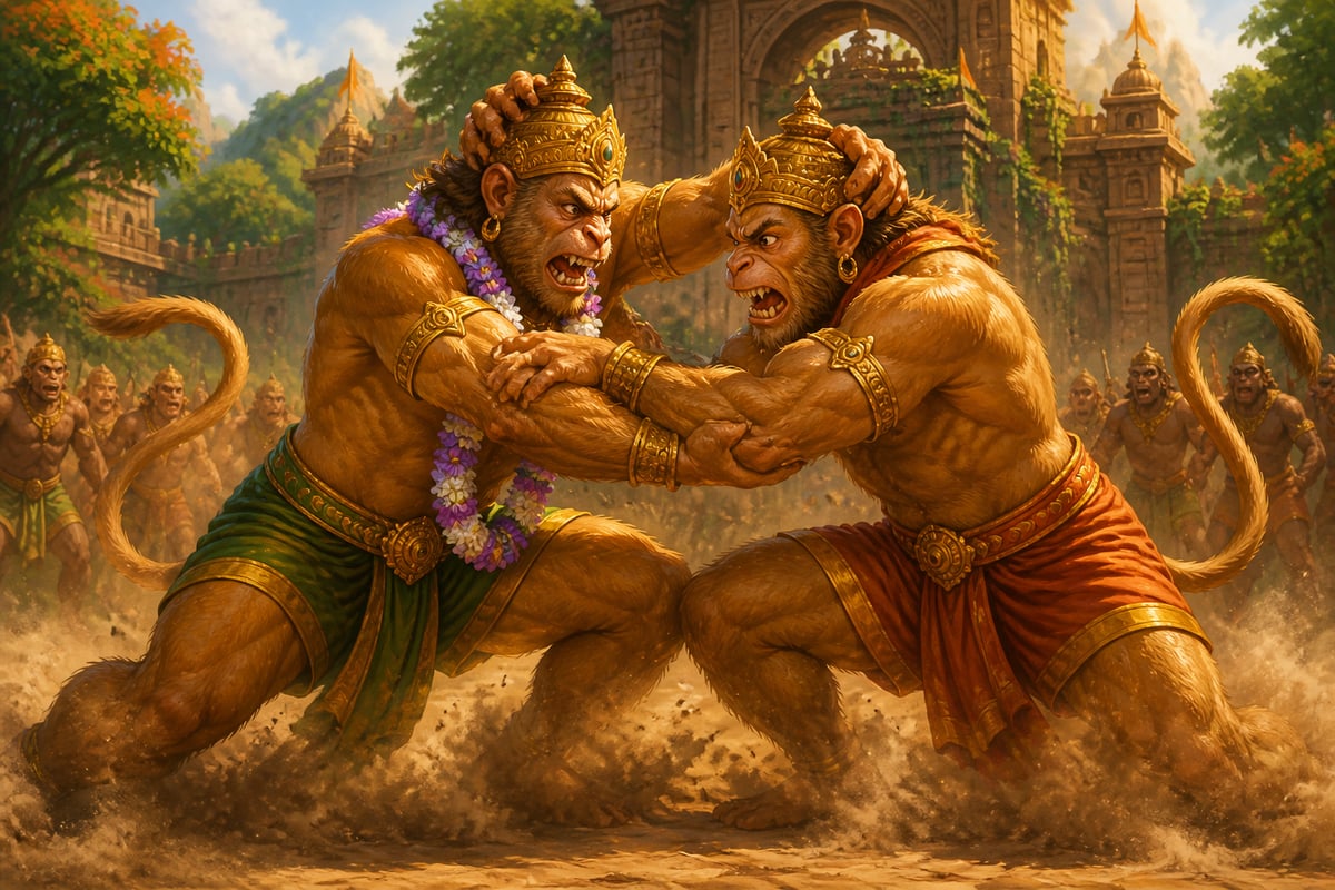 Sugriva and Vali wrestling, marked by the flowering garland