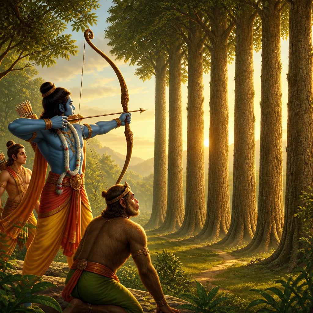 Rama draws his bow and takes aim at a line of seven enormous sala trees to prove his power to Sugriva.