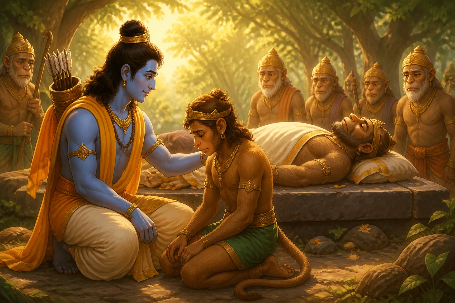 Rama places a steadying hand on young Angada's shoulder