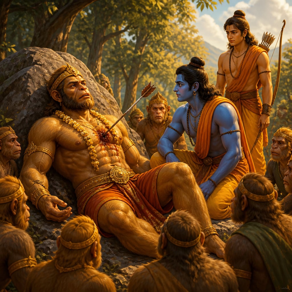 Vali lies wounded against a forest boulder with Rama's arrow in his chest as Rama kneels beside him.
