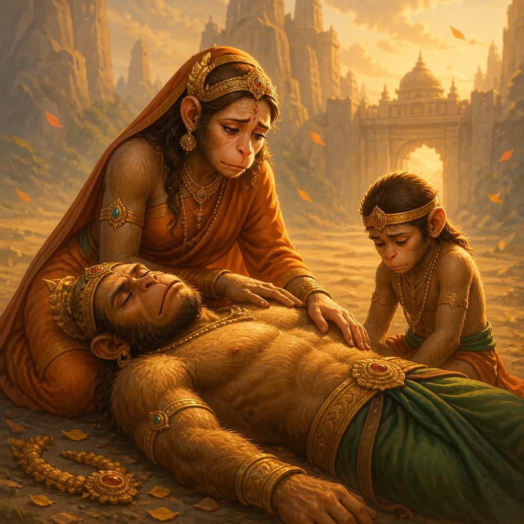 Tara kneels beside the body of Vali with Angada at her side and the broken golden garland between them.