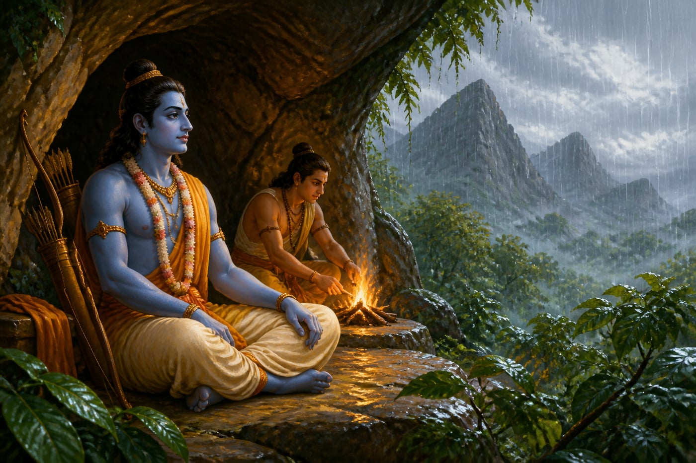 Rama and Lakshmana shelter in a hillside cave during the monsoon