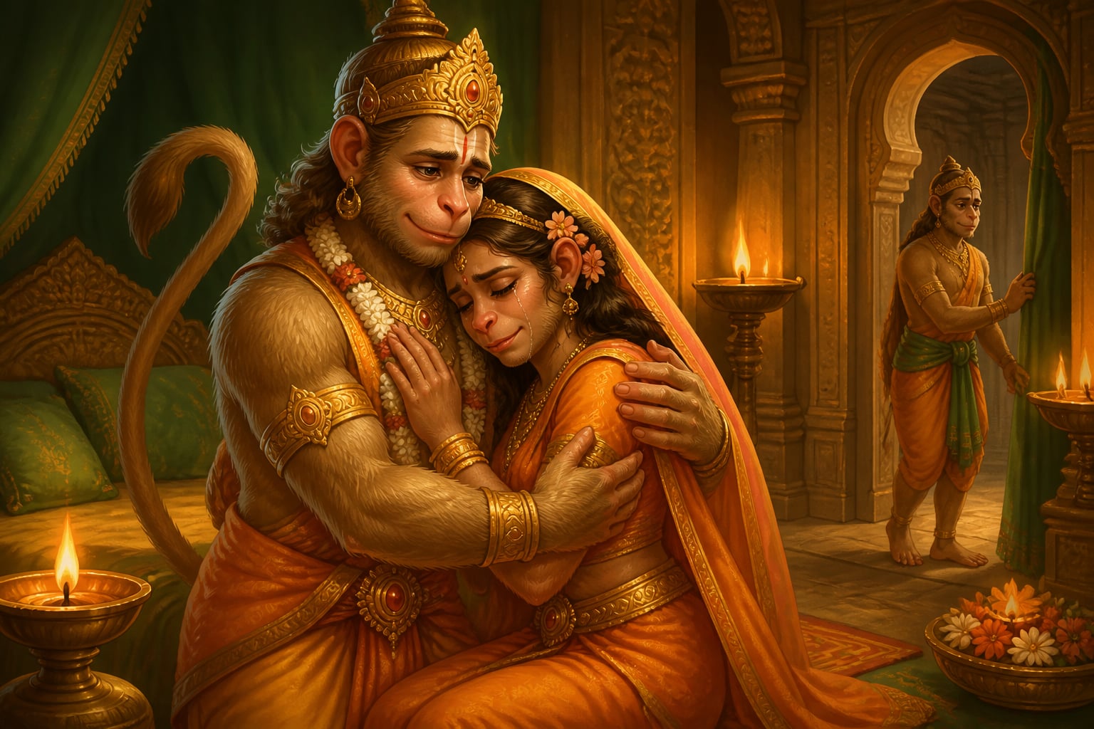 Sugriva and Ruma reunite in a lamp-lit chamber