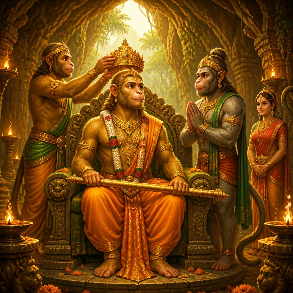 Sugriva is crowned king of Kishkindha as an attendant lowers Vali's recovered crown onto his head.