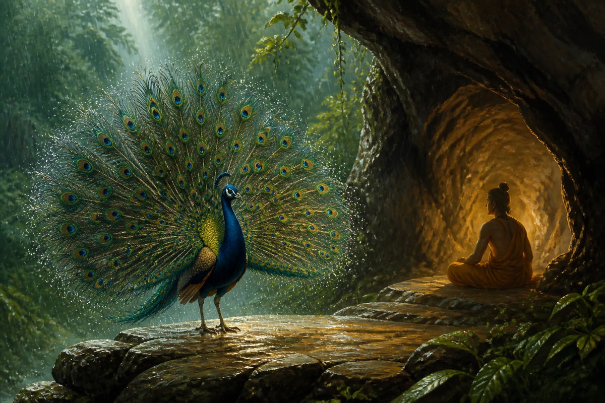 A peacock dances in the monsoon rain outside the cave