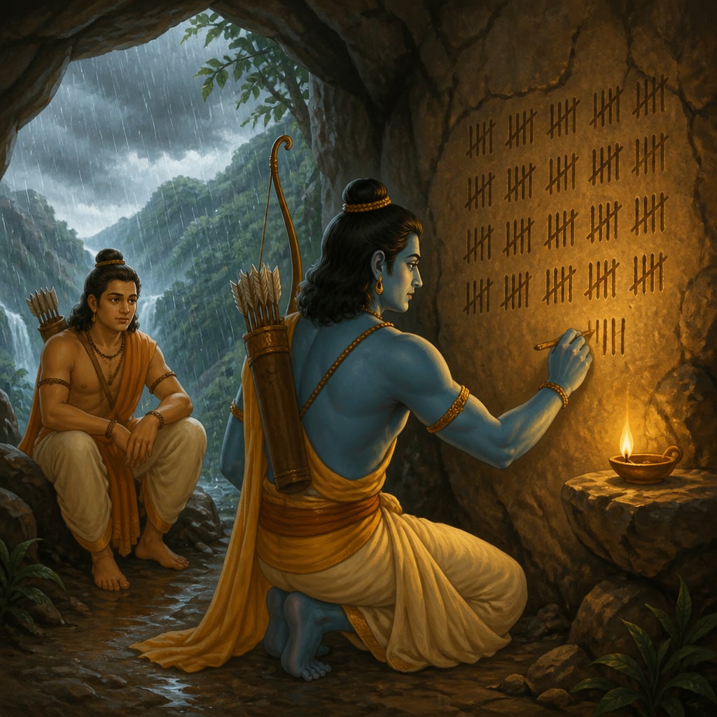 Rama draws a fresh tally line on the wall of a hillside cave as monsoon rain pours beyond.