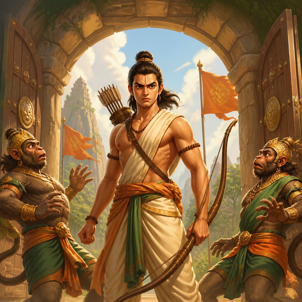 Lakshmana stands tall and furious at the open gates of Kishkindha with bow in hand.