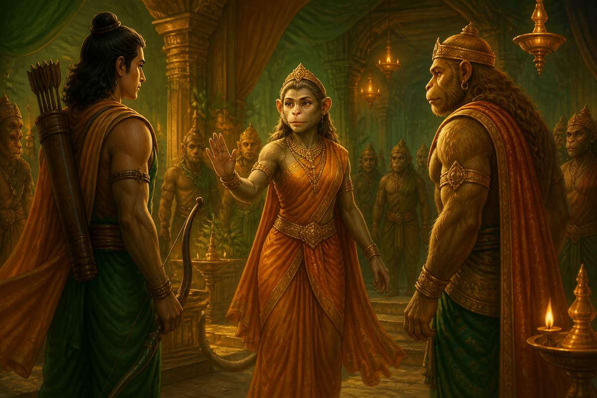 Queen Tara steps between Lakshmana and Sugriva
