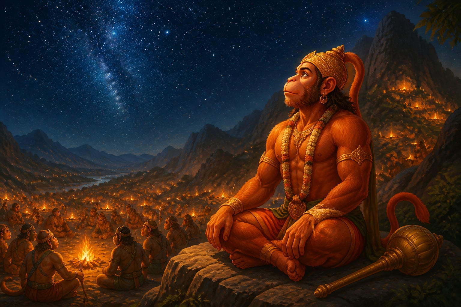Hanuman sits apart from the host, gazing up at the stars