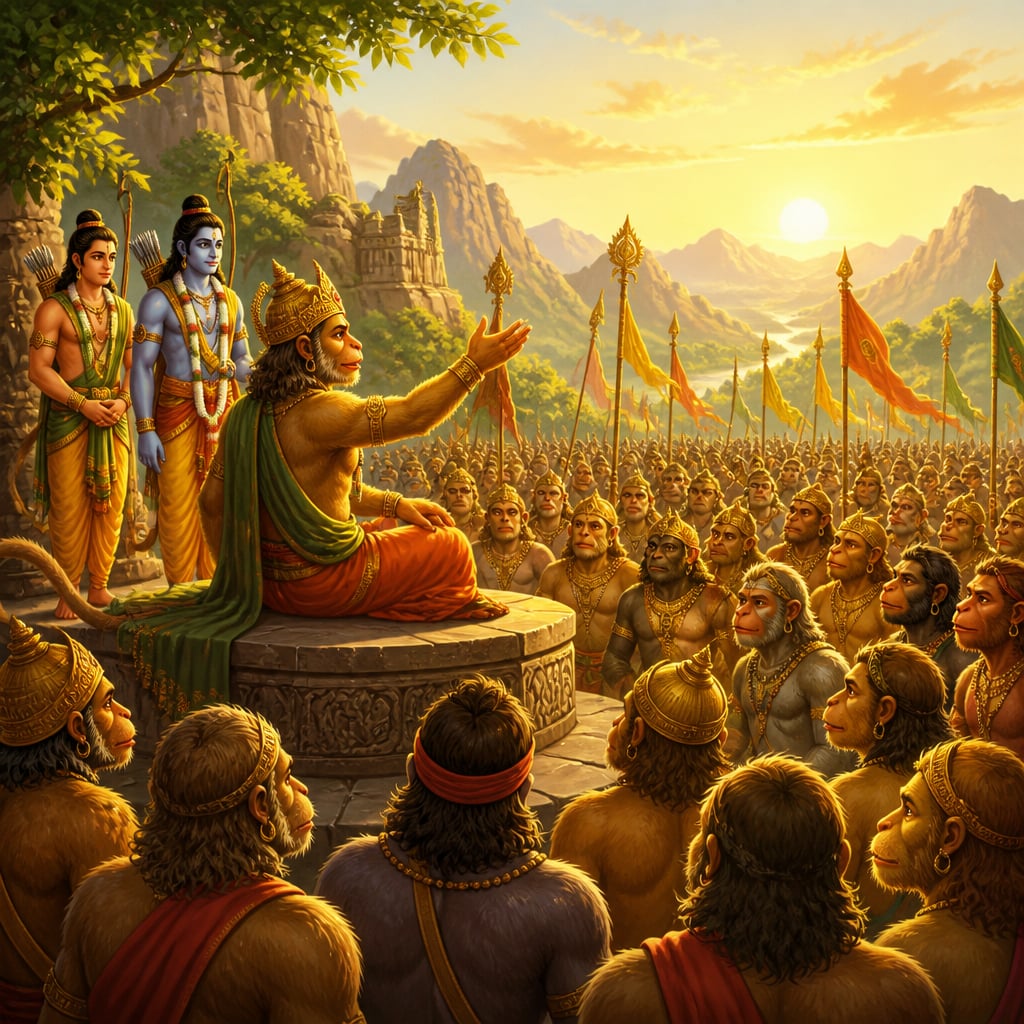 Sugriva addresses a vast host of vanara warriors arrayed across a mountain plateau outside Kishkindha.
