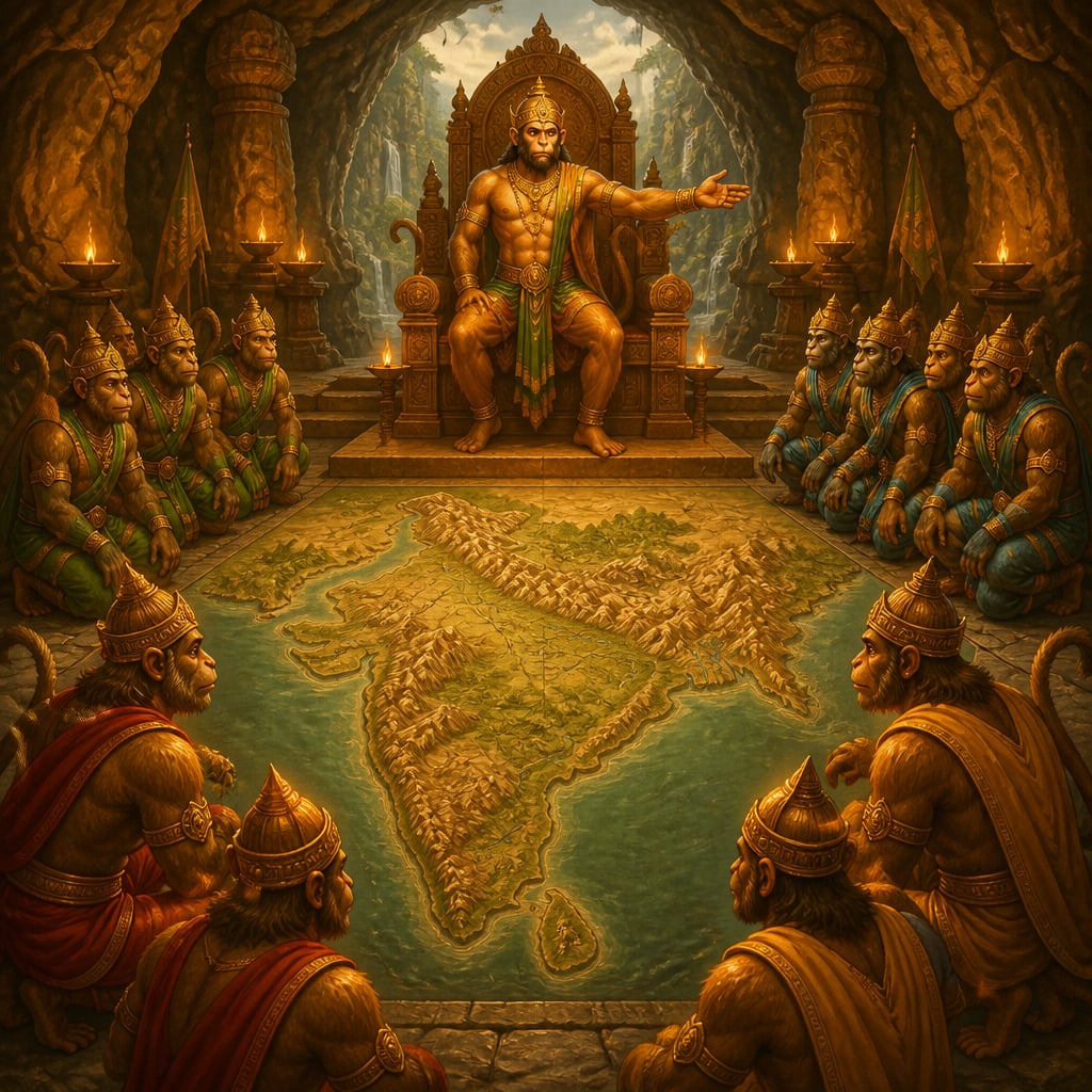 Sugriva on his dais directs four divisions of vanara captains kneeling around a great map of Bharatavarsha.